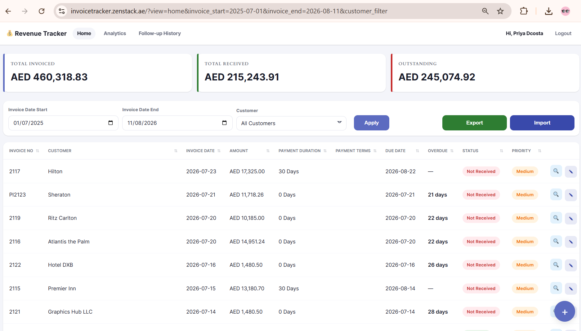 Invoice Tracker dashboard
