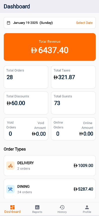 POS Dashboard home screen